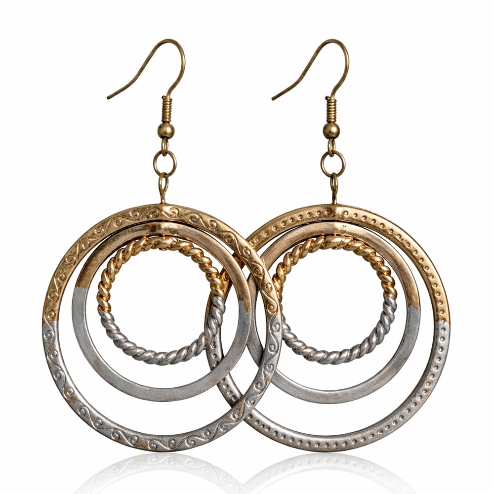 Mixed Metal Layered Circle Dangle Earrings Rustic Boho 🖤